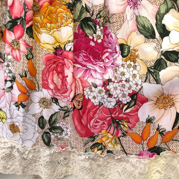 Emamo Vintage Silk Tan Pink Floral Ruffle Lace Shabby Chic Babydoll Dress S - Picture 9 of 9